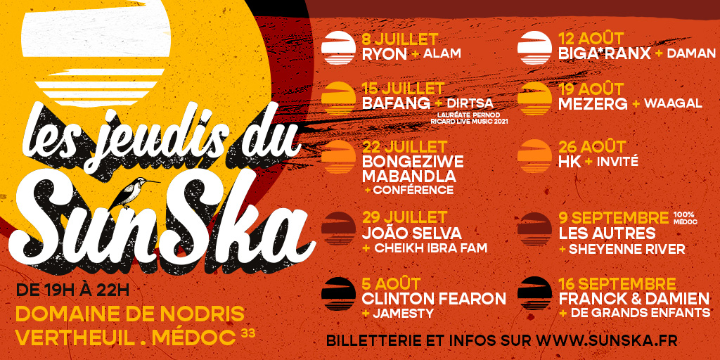 Les jeudis soir c'est Sun Ska ! 🎸
Chaque semaine, une programmation artistique vous est proposée de 19h à 22h à Vertheuil
⚠️Pensez à réserver vos places, elles sont limitées 
👉bit.ly/2UnPyIT