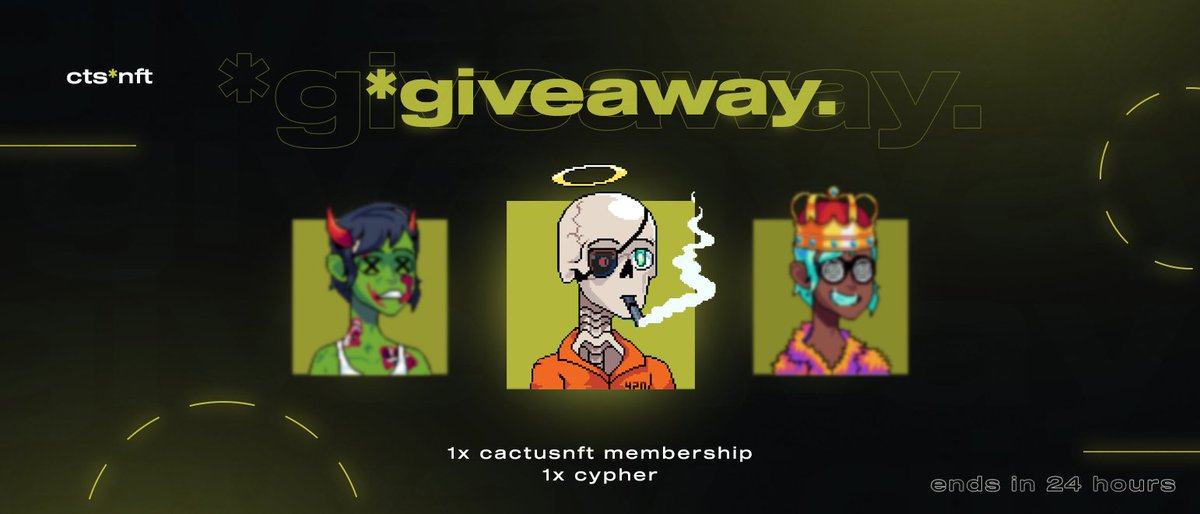 ~ giveaway.

1x cactusnft membership
1x cyphers [nft]

retweet &amp; follow <a href="/cactusnft/">CactusNFT</a> &amp; <a href="/thecyphercity/">Cypher City</a> to enter!
ends in 24 hours!*