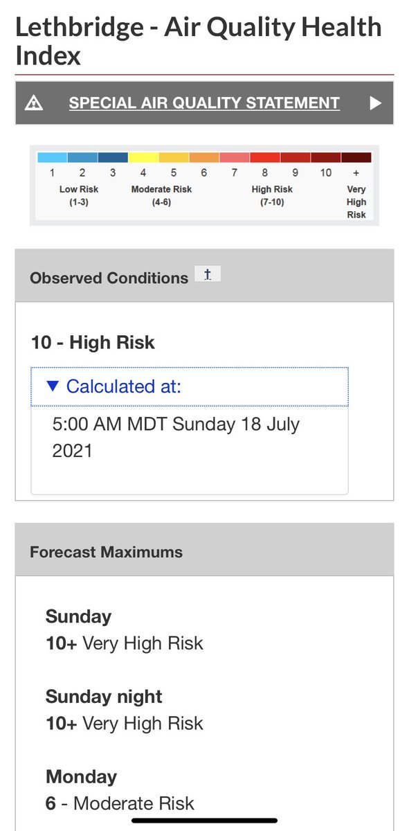 Air Quality Index in Lethbridge is at a 10+ (very high risk) as smoke blows in from wildfires. Conditions expected to last into tonight then clear off a bit tomorrow #yql