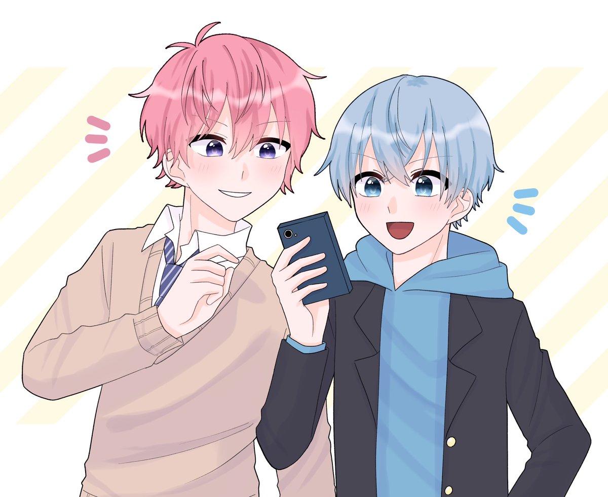 multiple boys 2boys pink hair male focus phone purple eyes blue hair  illustration images