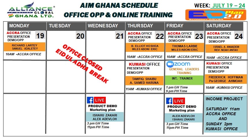 CoachEderlyn's tweet photo. 3hcitSpSonsored  · 
Aim Global Ghana Daily Training Schedule of the week for your guidance and invitation
"Only those who will risk going too far can possibly find out how far one go"
#Freedom2021 
#breakingbarriers2021
#AimGloobalGhana https://t.co/UReqKahCPV