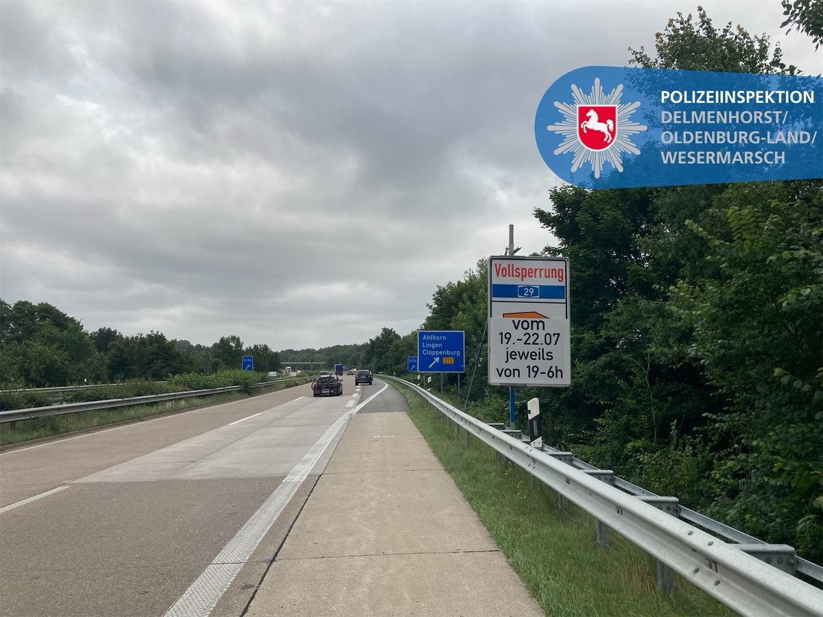 Polizei_DEL's tweet photo. HINWEIS: Die Richtungsfahrbahn #Osnabrück der #Autobahn29 wird ab morgen voll gesperrt. Der Verkehr wird in den Abendstunden an der Anschlussstelle #Ahlhorn abgeleitet. Eine Umleitung ist eingerichtet. Verkehrsbehinderungen beim Abfahren sind aber möglich. Fahrt umsichtig. *as https://t.co/9aQsvUuyVA
