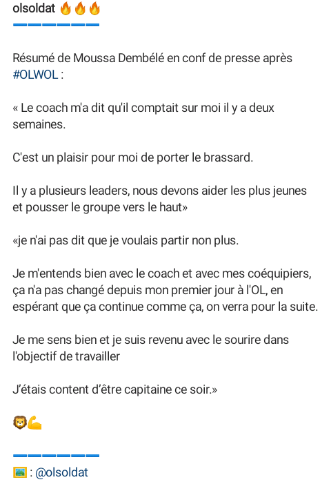 olsoldat's tweet photo. Résumé de Moussa Dembélé en conf de presse après #OLWOL https://t.co/lhT3IcY8jj