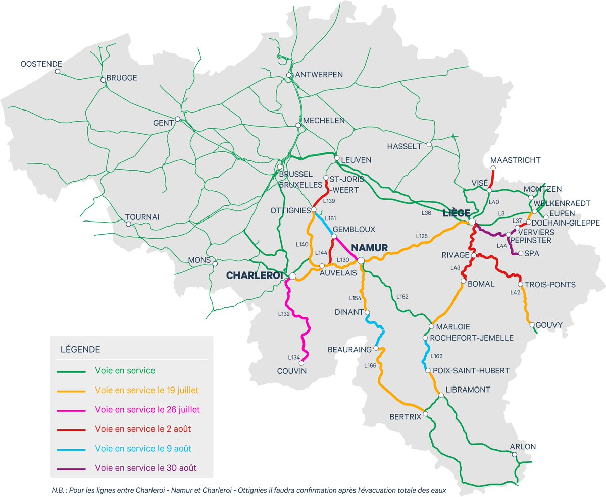 Mise à jour de la carte des prévisions de reprise du trafic ferroviaire. Un changement à épingler pour le tronçon Namur-Gembloux qui sera remis en service le 26 juillet.