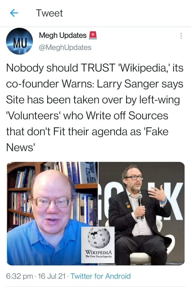 StringReveals's tweet photo. 10 months back when we said @Wikipedia is sh!t nobody cared. [https://t.co/Zjo2ZwRVuT] 
Yesterday Co-Founder of wikipedia, Larry Sanger said not to trust wikipedia 🤷😂
Government of India should not take this lightly. 
@narendramodi @PMOIndia @AmitShah
BAN WIKIPEDIA https://t.co/Dp9nmPndqM