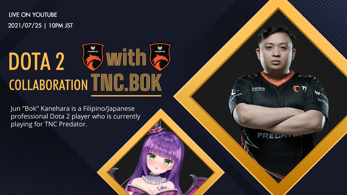 KurehaKurono's tweet photo. 🔴Big Announce🔴
I have guest star from @/TNCPredator.
"TNC.Bok (Jun "Bok" Kanehara)"
He is a Filipino/Japanese professional Dota 2 player.
We'll play Dota 2 together and interview too.
Please don't miss it guys!
25/07/2021 live on YT
#KurehaDota #tncpredator #tncbok #dota2 https://t.co/ivEzlRfAKx