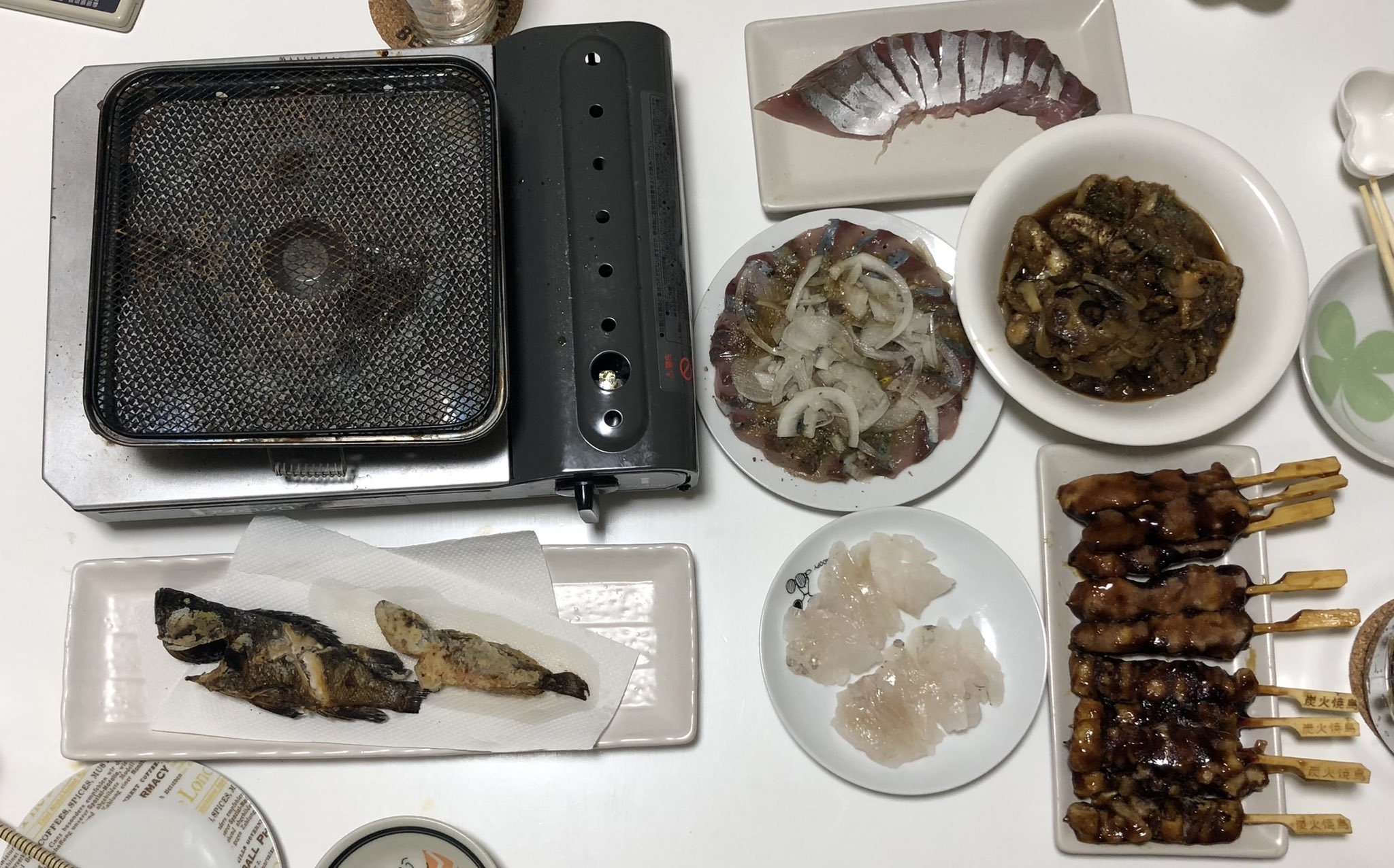 Sinri Lv28 この前の晩酌 泉佐野で釣れた タケノコメバルの塩焼き Amp 刺身 アナハゼの唐揚げ 鯖の南蛮漬け ハマチはスーパーで買った物を 刺身 Amp カルパッチョに タケノコメバルの刺身が1番 美味かったかも 男飯 釣り 晩酌 おうち時間 宅飲み