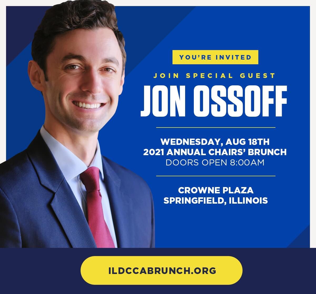 ILDCCA's tweet photo. There's only one month left until the IDCCA County Chairs' Brunch returns on Wednesday, August 18th with our very special guest Senator Jon Ossoff! Get your tickets today: https://t.co/mbhQiuJRAx https://t.co/eHhyvU86xy