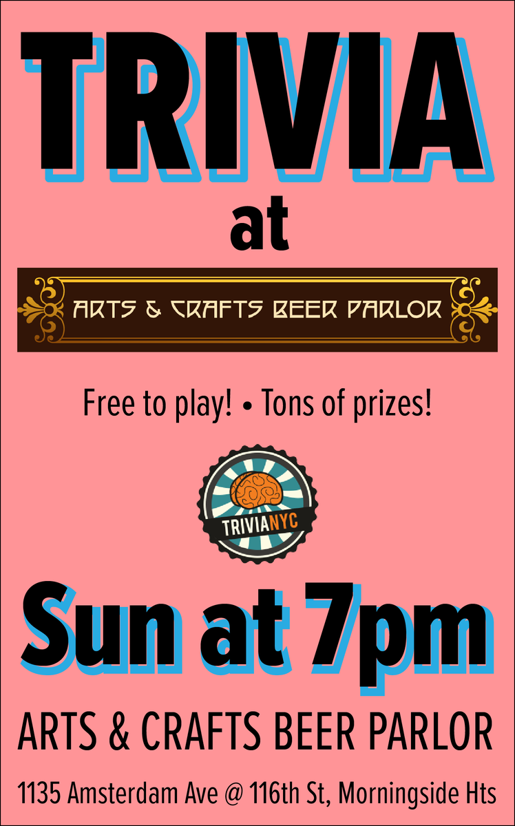 ACBeerMH's tweet photo. Tonight, TRIVIA NIGHT IS BACK! Join our great Host Keith at 7pm for our first game of 2021. Lots of great prizes. Come on down and test your skills, if you're smart you'll pay some bills!
.
.
.
#justenjoy #acbpmh #craftbeer #trivia #Columbiauniversity #morningsideheights #nyc https://t.co/C5J1TIloXa
