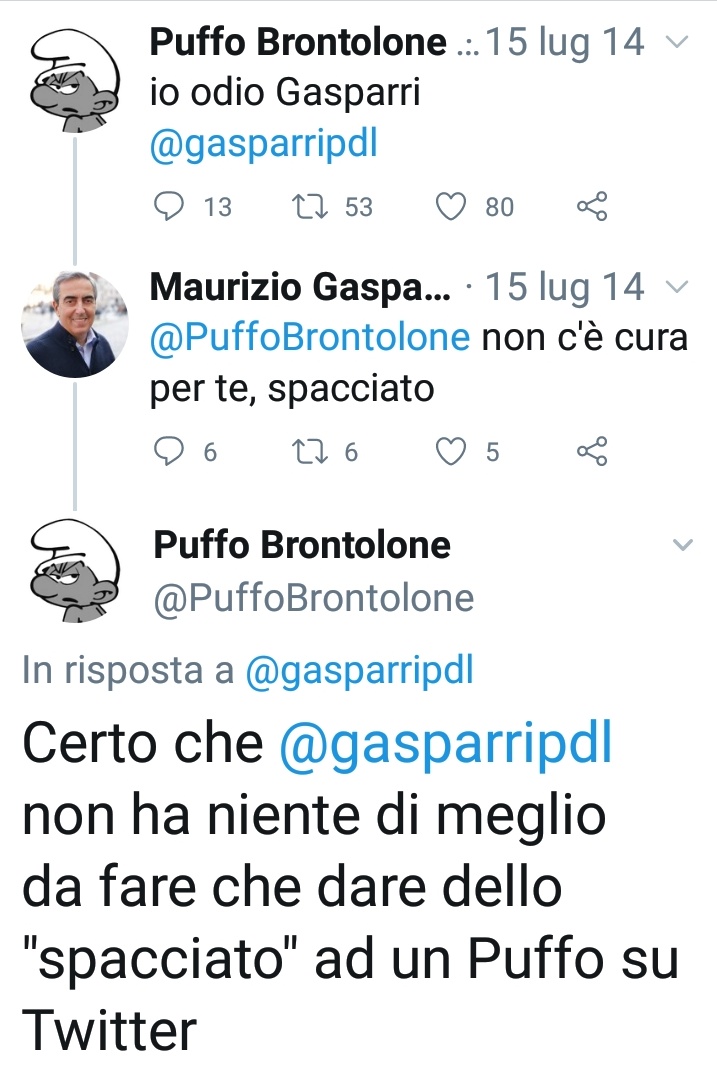 PuffoBrontolone's tweet photo. Volevo fare anche io gli auguri a Gasparri.
Ma mi ha bloccato. https://t.co/VUBgwvmrx2