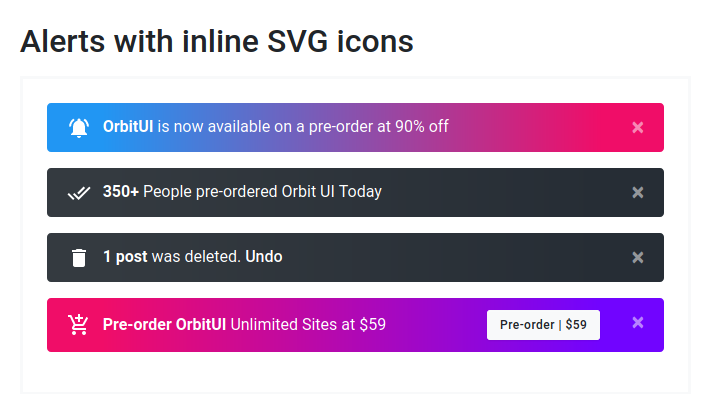 orbit_ui's tweet photo. Alerts in #OrbitUI with SVG, font icons & CTA button
Build beautiful websites/ web apps.
Know more: https://t.co/Bxu1vyBKnp
#OrbitUI
#OrbitUIComponents
#Javascript #HTML #CSS #webdesign #DEVCommunity
#100DaysOfCode
Please like, comment, retweet for the love of #code https://t.co/raxwtrseSY