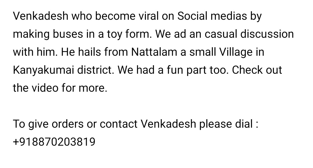 kadalaimuttaai's tweet photo. @iamnagaa @MisterBharath20 He is Venkatesh from Nattalam, #Kanyakumari.

Contact him directly on the below number ..

#MiniatureBus https://t.co/4PrW2ERZJA