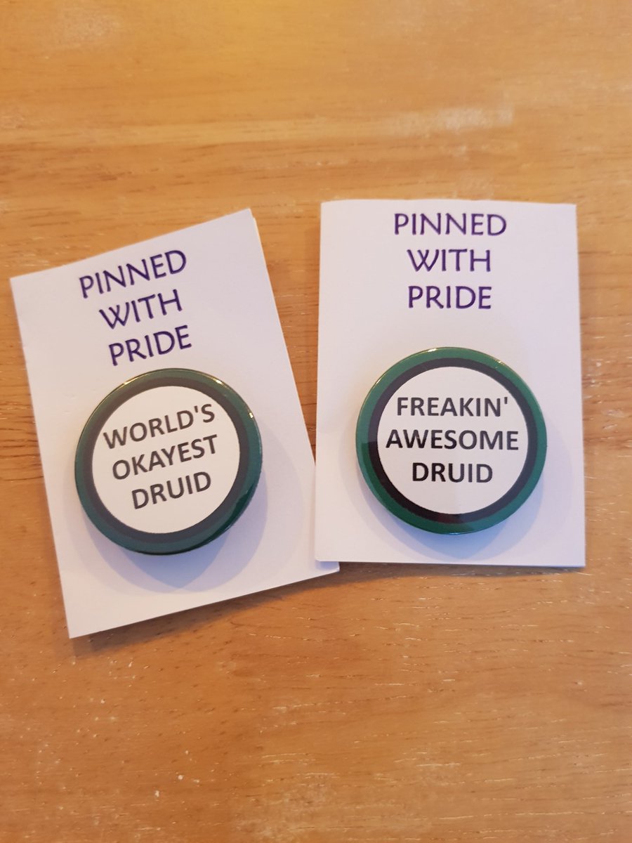 Recently got some new badges from <a href="/PinnedWithPride/">Pinned With Pride - Now Shipping Internationally!</a> - I really love them! I can't wait to wear "world's okayest druid" next time I play, and maybe even upgrade to frickin' awesome!! 🙌
#TTRPG #DND #SmallBusiness