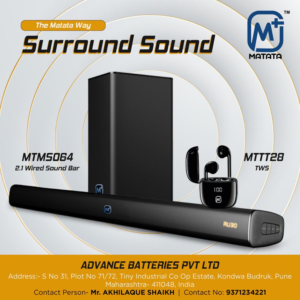 MatataIndia_Off's tweet photo. Get your hands on #Matata range of sound bars and wireless earbuds in #Pune.  Music none other than #TheMatataWay #NowInPune #Maharastra #Music #Sound https://t.co/qOgi4oFqvQ