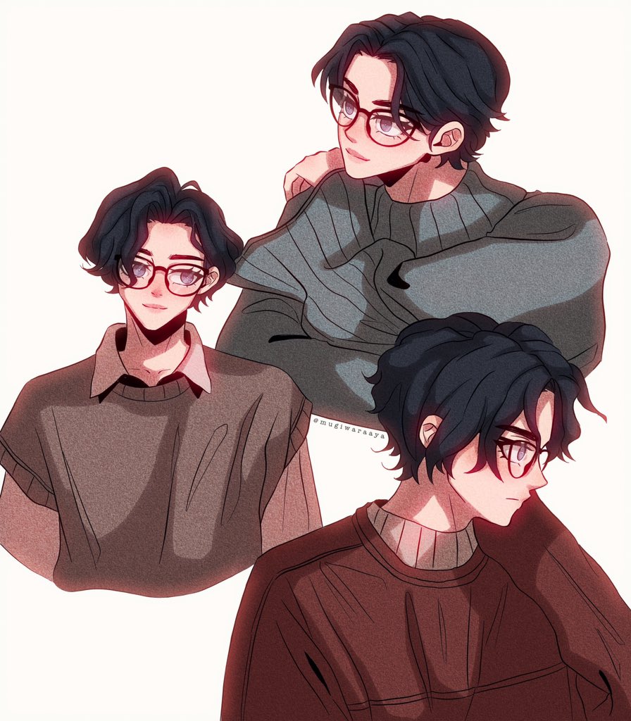 multiple boys 2boys black hair smile hood glasses male focus  illustration images