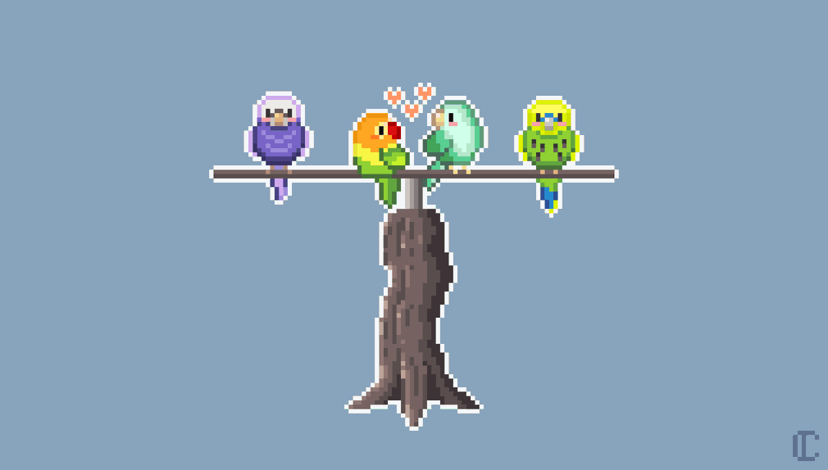 CornaPix's tweet photo. Lovebirds and budgies for @Pixel_Dailies (theme : set of #parrots ) 

#pixelart #pixel_dailies #aseprite https://t.co/Ad54n29FtF