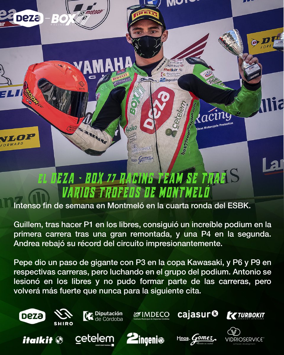 🏆 Finalizada la cuarta ronda del #ESBK <a href="/rfme_oficial/">RFME</a> en el @circuitdecatalunya con varios trofeos en la mochila.
Buen trabajo equipo!
Antonio, volverás más fuerte q nunca!
🏆 #ESBK round 4 done with some podiums!
✅ Good job team!
Antonio, you will come back stronger than ever!