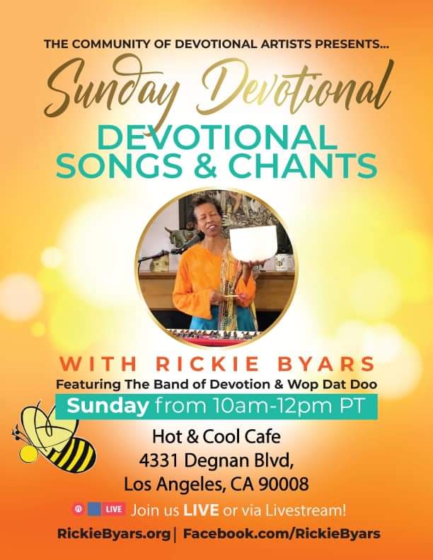 Today, Sunday July 18 
It’s almost that time! 🧡🤗 The SUNDAY Devotional is LIVE &amp; IN PERSON today Sunday, July 18th at Hot &amp; Cool In Leimert Park from 10am-12pm PT🎉  We’ll be INSIDE, ready to sing &amp; celebrate! Remember to bring your mask! ☺️ Spread the news, tell a friend!🐝🎶