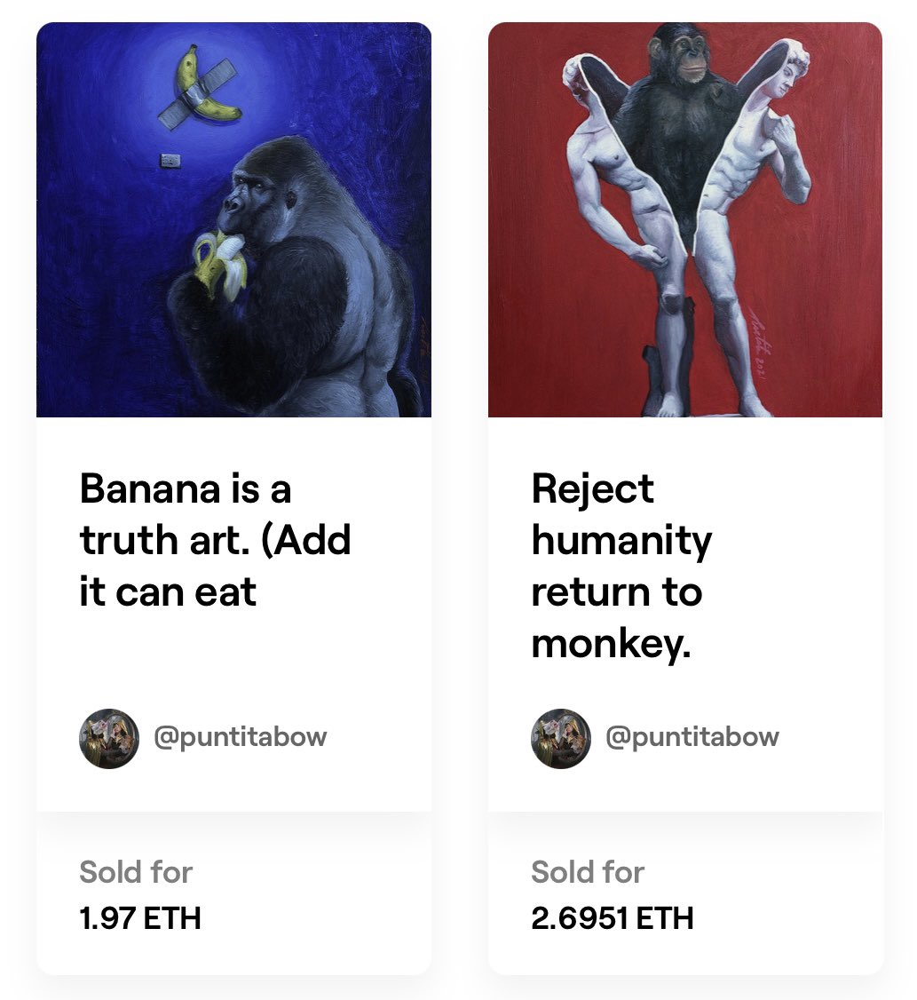 First time in NFT very surprised me with 2.6951 ETH the first piece. The another one ended with 1.97 ETH. It was a fierce auction taking until over midnight. The system prolonged more than a hour. Thank you for all of supporters.
foundation.app/@puntitabow
 #NFTs  #NFTartist