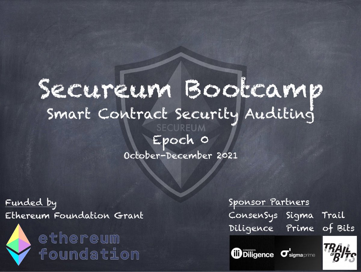 Thrilled to announce the launch of <a href="/TheSecureum/">SΞCURΞUM</a> Bootcamp for Smart Contract Security Auditing!

Funded by <a href="/ethereum/">Ethereum</a> Foundation's <a href="/EF_ESP/">EF Ecosystem Support Program</a> grant &amp; sponsor partnerships with @ConsenSysAudits <a href="/sigp_io/">Sigma Prime</a> &amp; <a href="/trailofbits/">Trail of Bits</a>. 🙏 for support &amp; look forward to 🚀 outcome.

Do apply!✅ Details👇
