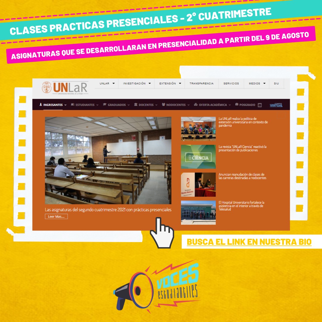 VOCESEstudiant1's tweet photo. Información importante ‼📣

A partir del 9 de agosto se desarrollarán clases prácticas presenciales en nuestra Universidad. 

📍Busca el link en nuestra biografía y consulta sobre la nómina de asignaturas - También podes pedirnos el link por MD 📲 https://t.co/5znsQezmN1