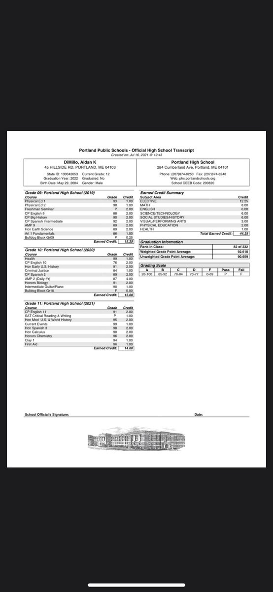 AidanDimillo's tweet photo. My transcript from Portland high. All 90s for junior year 🤝📚‼️ https://t.co/7Izb8hFrBy