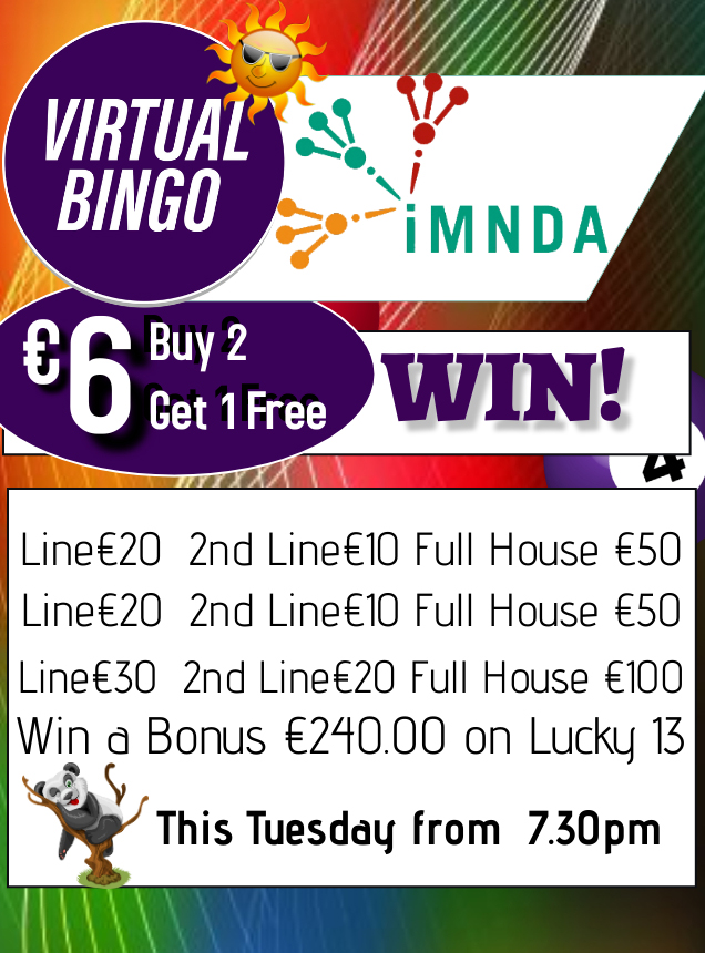 Short Ticket Link =>> bit.ly/3kmQ3NZ
IMNDA - Irish Motor Neurone Disease Association 
Live Stream Starting at 7.30pm
The Lucky#13 Jackpot is now sitting at €240.00
#givingtuesday2021 #charityfundraiser #CharityTuesday
#BINGO #Virtual #PLAYBINGO