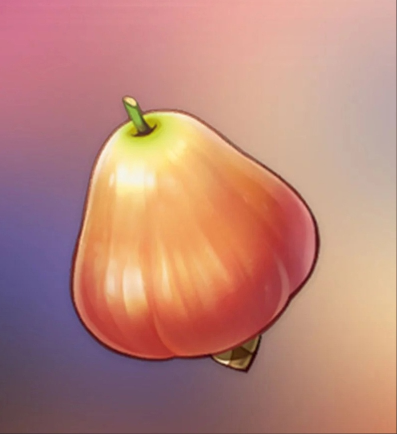 Genshin_Kineli's tweet photo. Did you know that Sunsettias actually exist?🍐

But here it's called Java apple or Rose apple (there're similar other species). They say, it tastes like sth between an apple and a pear with a rose flavour.

Would you like to taste it?
#GenshinImpact #Genshin https://t.co/wiUUzPSpor