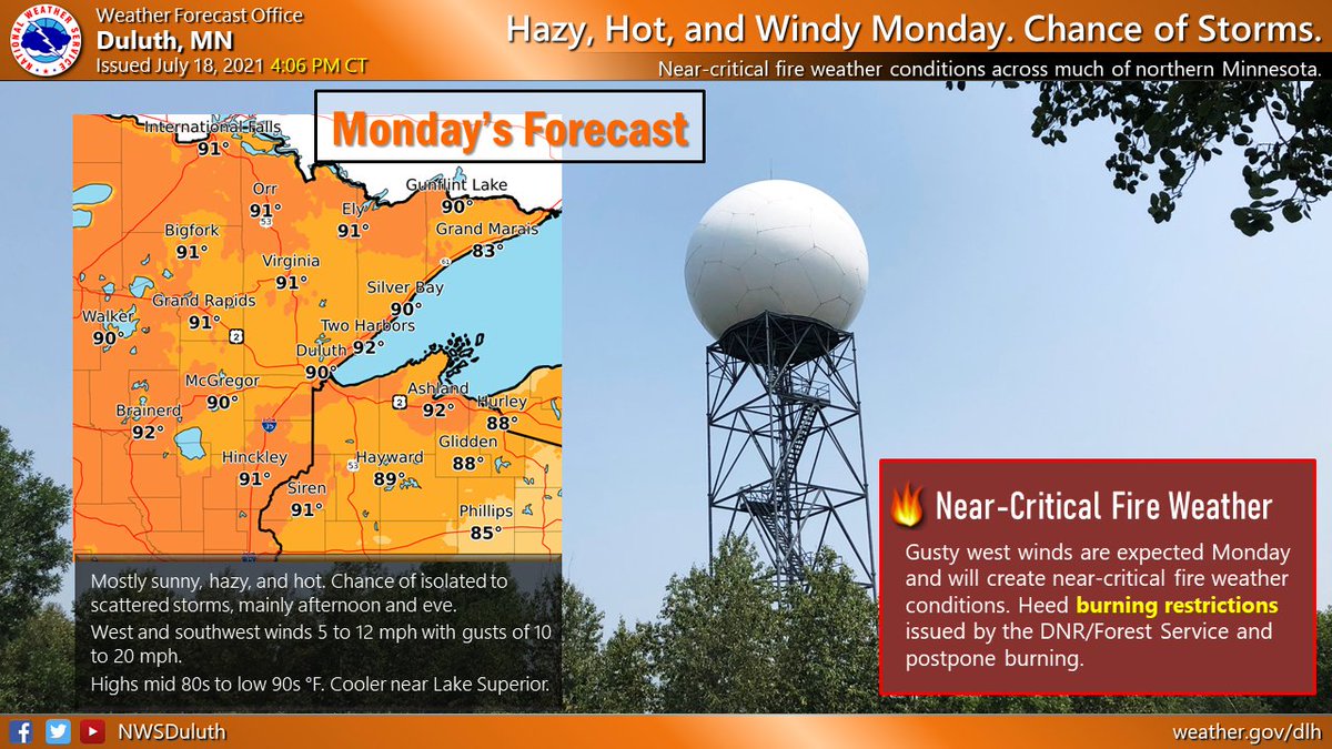 Hazy, Hot, & Windy Monday. Chance of storms mainly afternoon thru evening. Near-critical fire weather conditions are expected due to gusty west winds mainly north of US-2 in Minnesota late AM thru early evening. Stay weather aware & heed burn restrictions. https://t.co/8lLtwciAnN