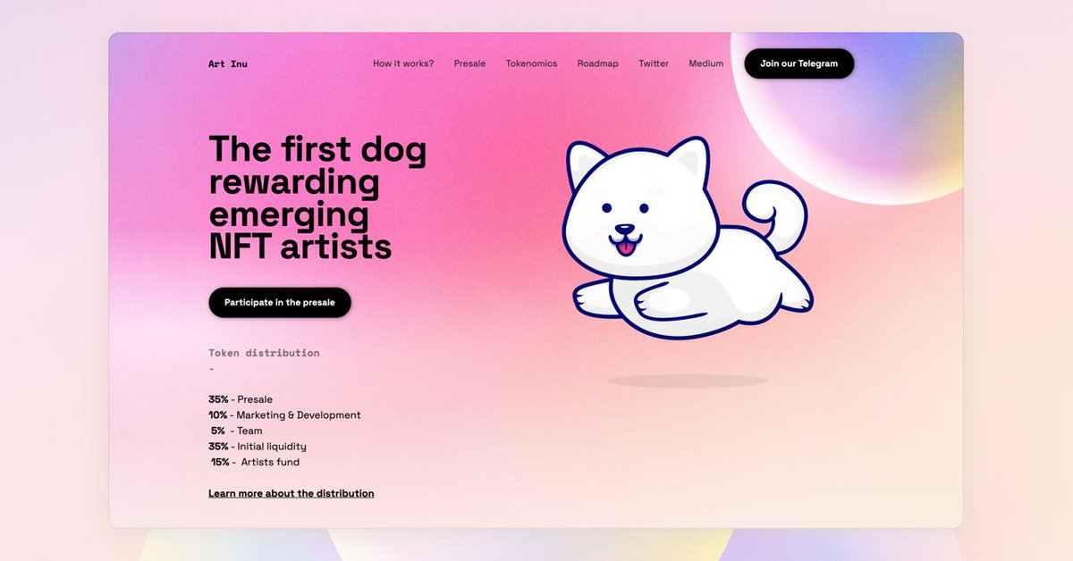 DaCryptoGeneral's tweet photo. Art Inu presale is live on https://t.co/J2s0eYY5WG

They are building a token and platform to reward NFT artists 🔥

Softcap: 20 ETH
Hardcap: 50 ETH
Min/Max: 0.08/0.40 ETH

Join the telegram: https://t.co/Ht33VNvaNU https://t.co/CzaB5jay2R