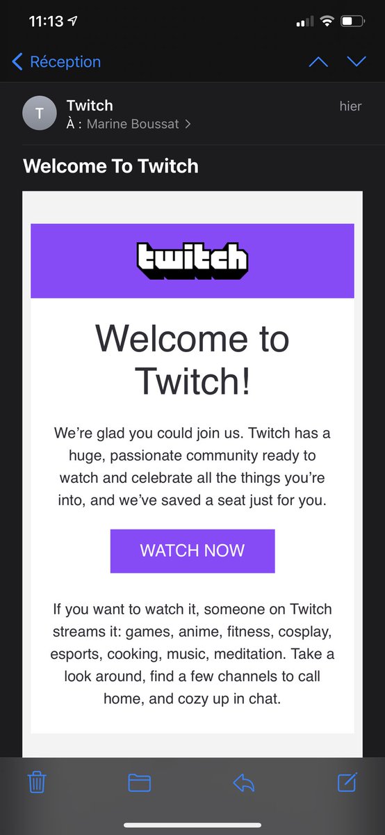 Marinee_B's tweet photo. Hey @DemandDarrell I received the same « Welcome » email from @Twitch like three times this week, maybe you should give them some #marketingautomation lessons ;) https://t.co/J9RgUukrQL