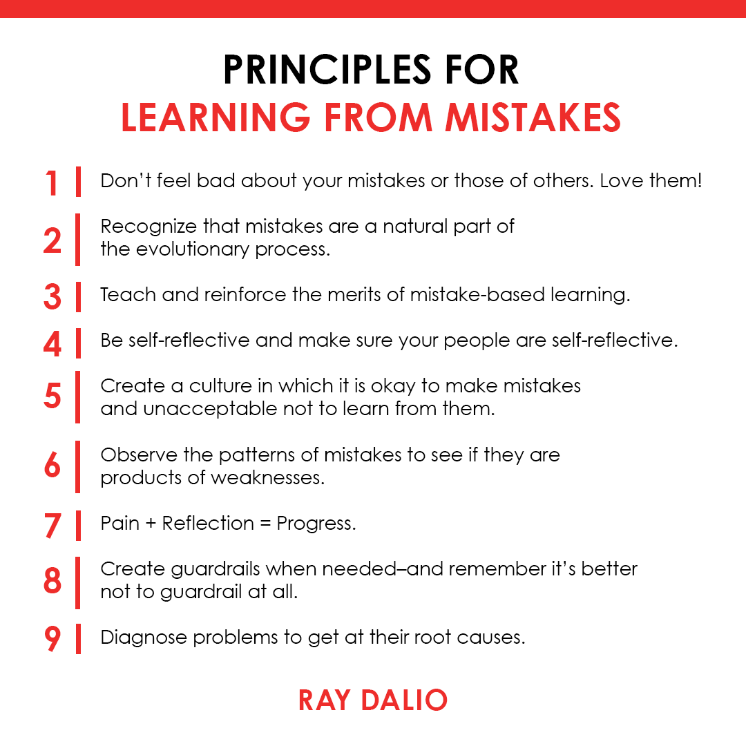 RayDalio's tweet photo. Many of you have told me you're interested in using your mistakes to help you evolve, so I'm sharing my principles for learning from mistakes here. (1/2) https://t.co/Um6r7v3aJl