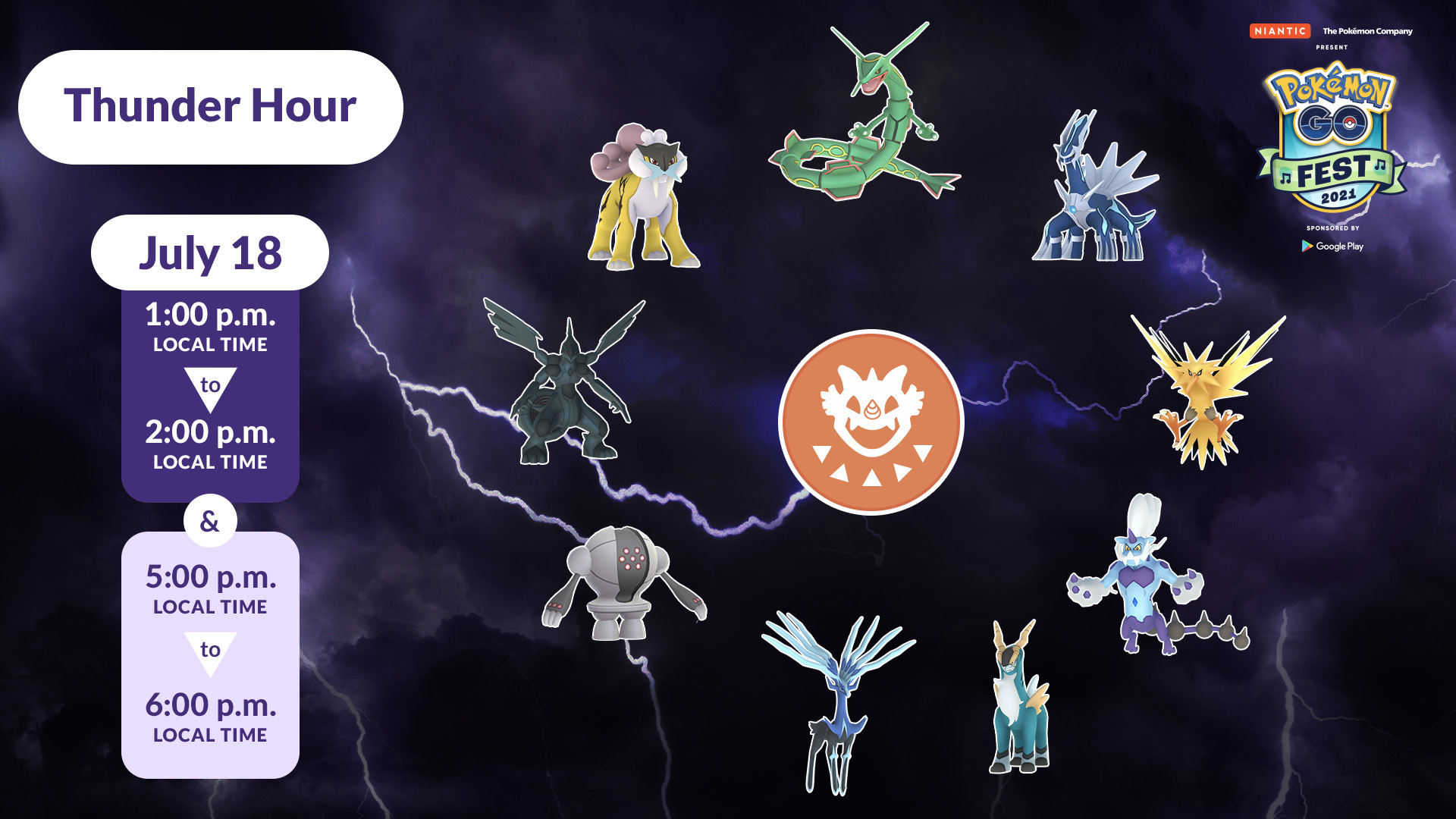 Pokémon GO on X: Get your team prepared for Thunder Hour, which will run  from 1 p.m. to 2 p.m. and 5 p.m. to 6 p.m. local time today! Zapdos,  Raikou, Registeel