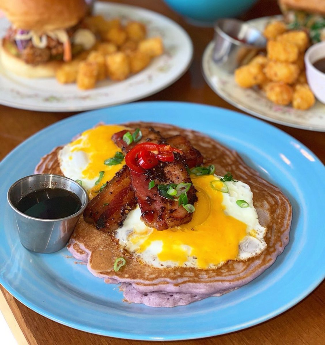 Ubelicious {ube pancakes from @eatwakenbacon} // 📷: @chifoodiebecs // 🥞  #fabfoodchicago // Neighborhood: East Lakeview // FAB TIP: Snap a photo with your bestie at the photo mirror.