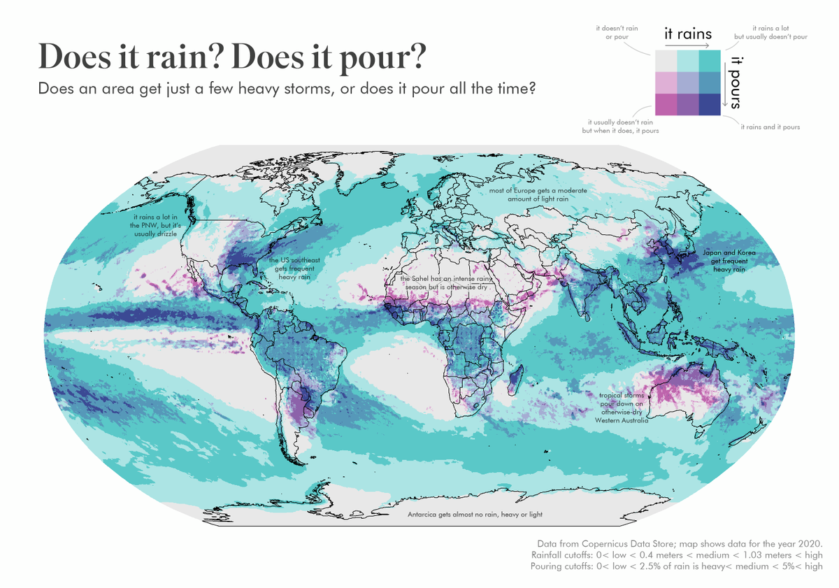 simongerman600's tweet photo. When it rains, does it pour? Finally a map to answer that question. Read the legend carefully. Such a delightful map. I love it! Source: https://t.co/4KHPtkM3kl HT @erindataviz https://t.co/MgLYGZIQ9m