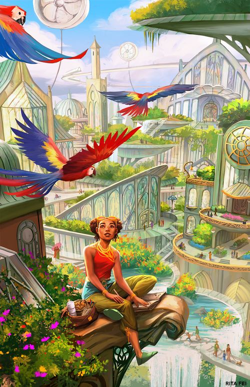 As a literary genre Solarpunk takes place in a post-capitalist and decolonized world in which people of all stripes live in synch with nature. The society is fueled by renewable energy.10/