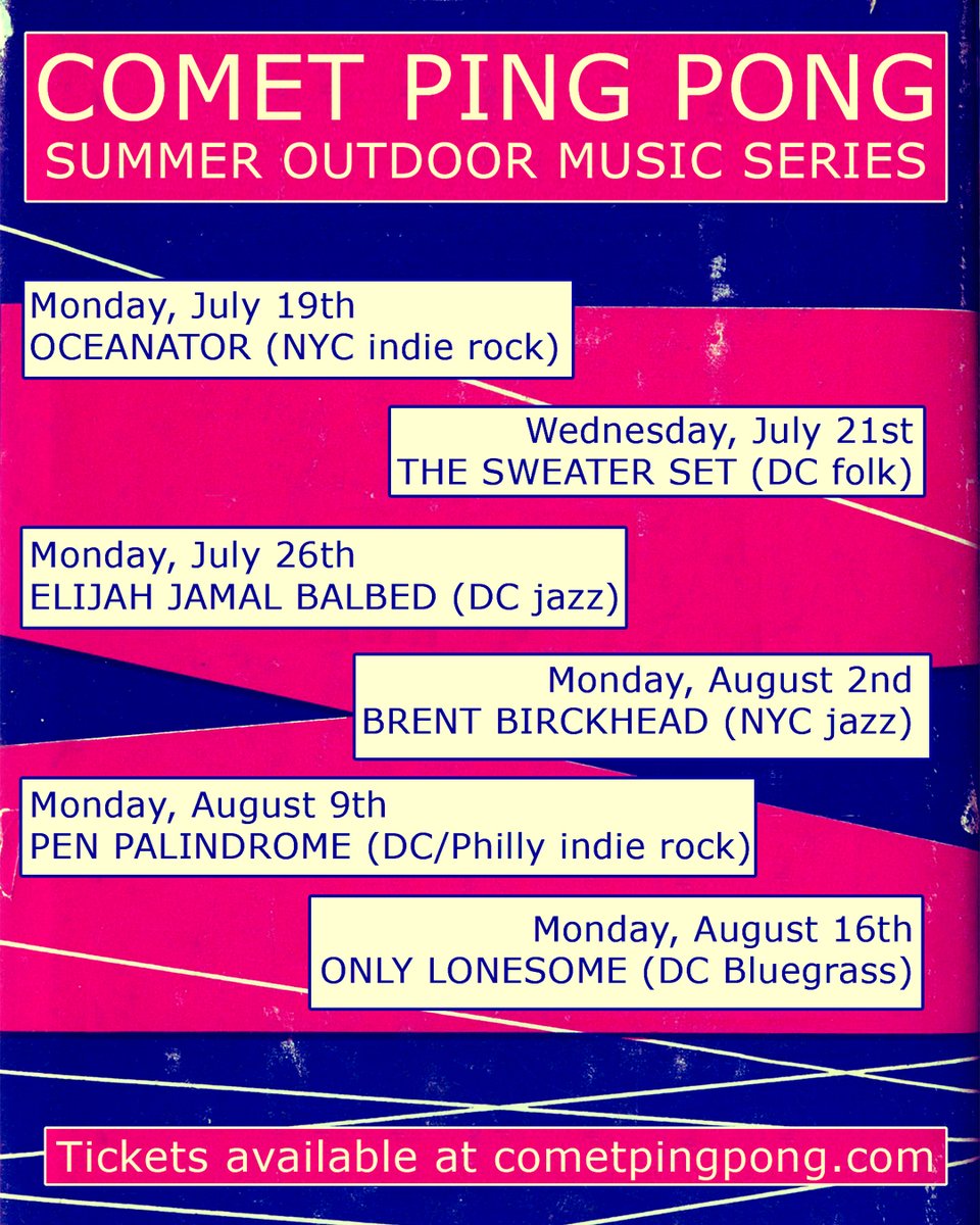 Our Summer Outdoor Music Series starts this week w sold out shows for <a href="/oceanator/">oceanator</a> + <a href="/thesweaterset/">The Sweater Set</a>!! We're sold out of 2-top + 4-top tables for the remainder of the series, but there are plenty of 8-tops available. Grab your tickets and turn your crew out!
eventbrite.com/o/comet-ping-p…
