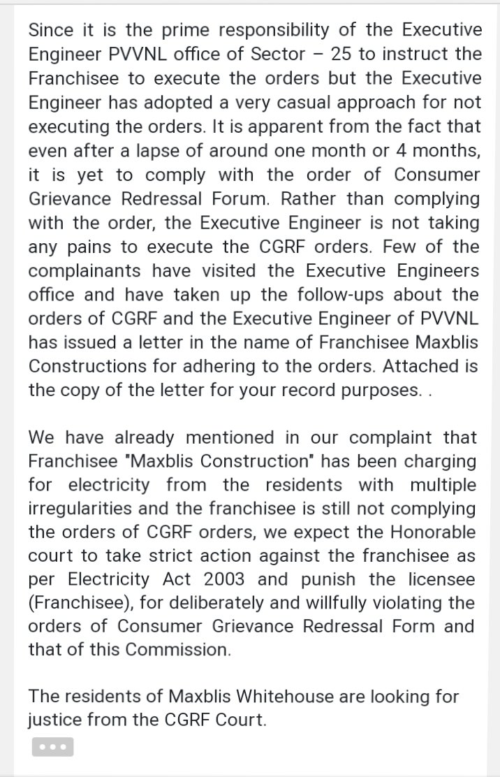 TikooManoj's tweet photo. After 4 Months still Franchisee is not adhering the orders of CGRF Court even Chief Engineer of PVVNL Se -25 is also taking CGRFCourt orders casually.Both of them are equally responsible for doing Non-Compliance.Can Sr. Officials help us the residents of Maxblis for their justice https://t.co/C5TAheoenB