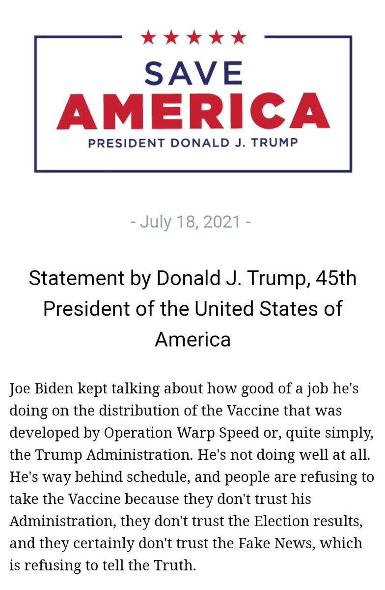 realLizUSA's tweet photo. READ!

"[Biden's] not doing well at all. He's way behind schedule, and people are refusing to take the Vaccine because they don't trust his Administration, they don't trust the Election results, &amp; they certainly don't trust the Fake News, which is refusing to tell the Truth." https://t.co/TItylmFd0g