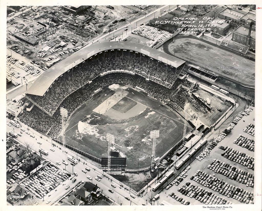 Aerial of Municipal Stadium Kansas City First Game 1955