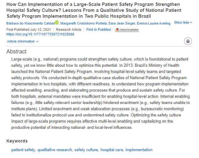 New paper! 🚨 'How Can Implementation of a Large-Scale Patient Safety Program Strengthen Hospital Safety Culture? Lessons From a Qualitative Study of National Patient Safety Program Implementation in Two Public Hospitals in Brazil' published last week! journals.sagepub.com/doi/full/10.11…!