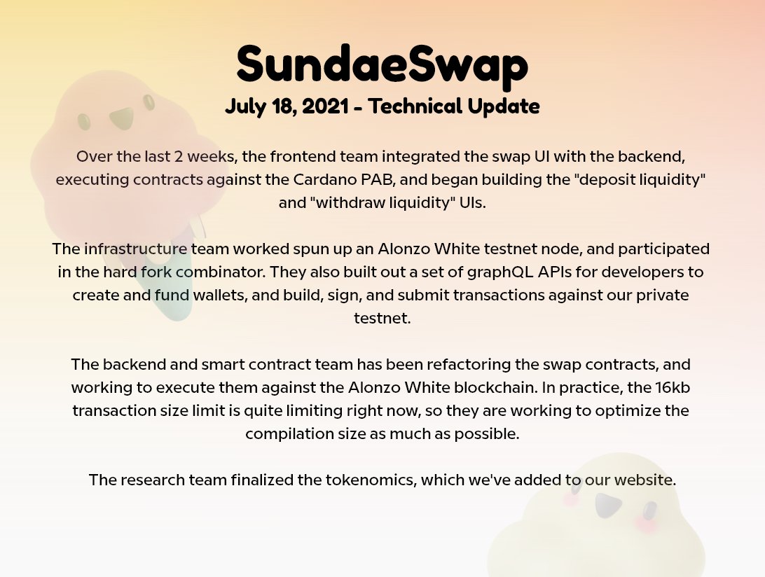 SundaeSwap's tweet photo. Technical Update for July 18, 2021 from our frontend, backend, and research team! 🍨

For the text version visit the #SundaeSwap website! https://t.co/93zQhDJyBT https://t.co/dEjWobMjKm