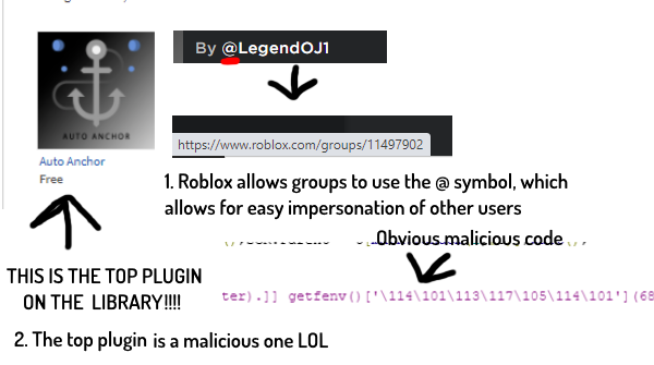 brokenvektors's tweet photo. #Roblox #RobloxDev Seriously, this issue needs to be addressed. The plugins library is broken - more than half of its front page contains malicious plugins created by groups impersonating other developers. (1/?) https://t.co/I90HT73VLH