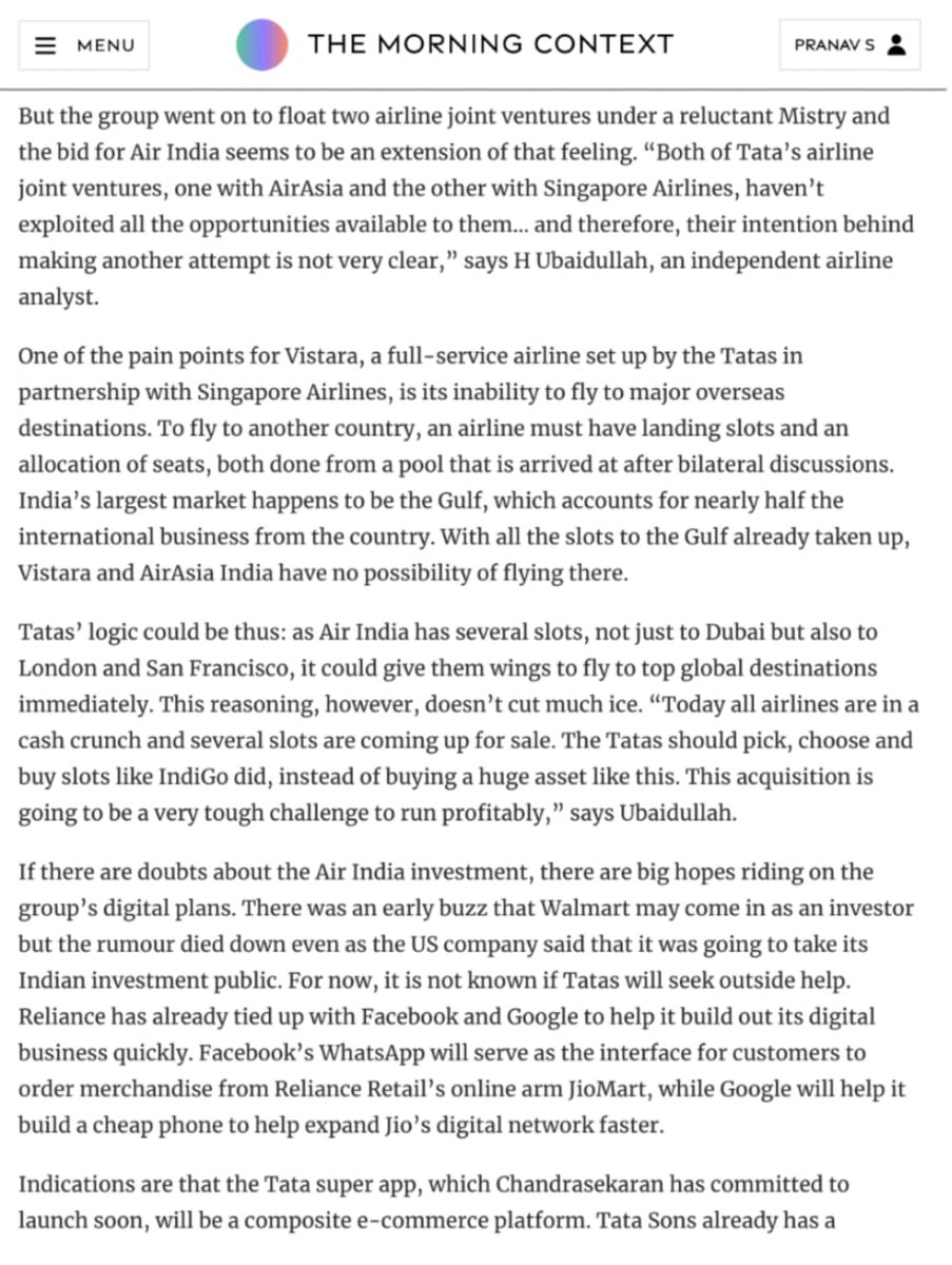 Ubai_h's tweet image. Thank you &quot;The Morning Context&quot; to take my options.
Tata groups bid on Air India.
How Air India&apos;s International slots will helpful?
The pros and cons.

Continue reading...
m.facebook.com/story.php?stor…

@RNTata2000 @TataCompanies @airvistara @SingaporeAir @ChangiAirport @airindiain