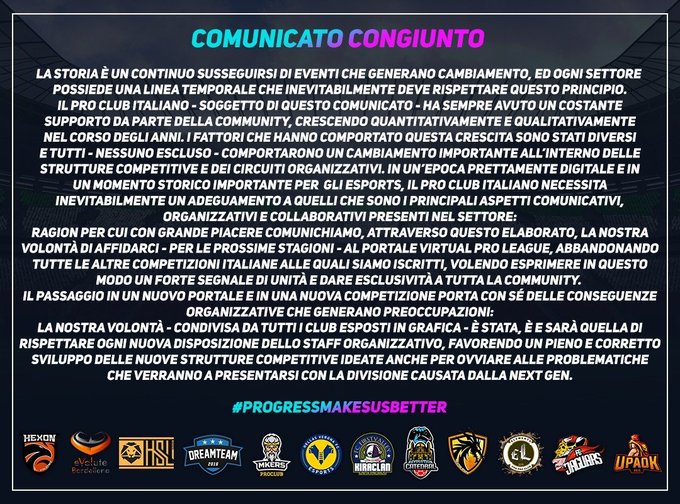 VPGSanMarino's tweet photo. 🚨COMUNICATO🚨

Area di cambiamento per la storia del Pro Club Italiano. 
Un passo veramente importante che speriamo porti a una svolta per la nostra modalità.

@VPLItaly @VPLglobal https://t.co/y7ERl8nieQ