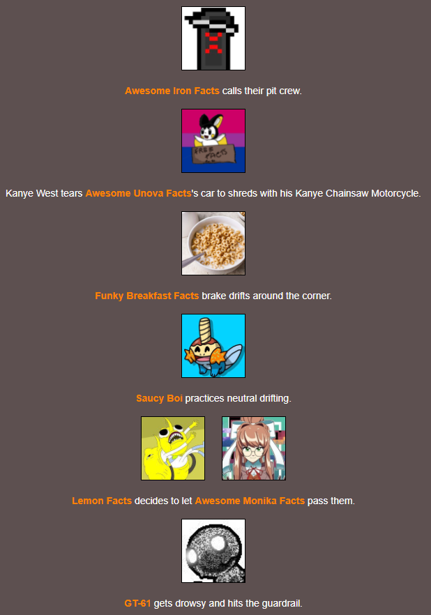 TrinityO5_'s tweet photo. On section 3 @UnovaFact is taken out by the Kanye Cycle and @SONICAWSMEFACTS drinks poison! #FACCAR https://t.co/IlDpMyqk4f
