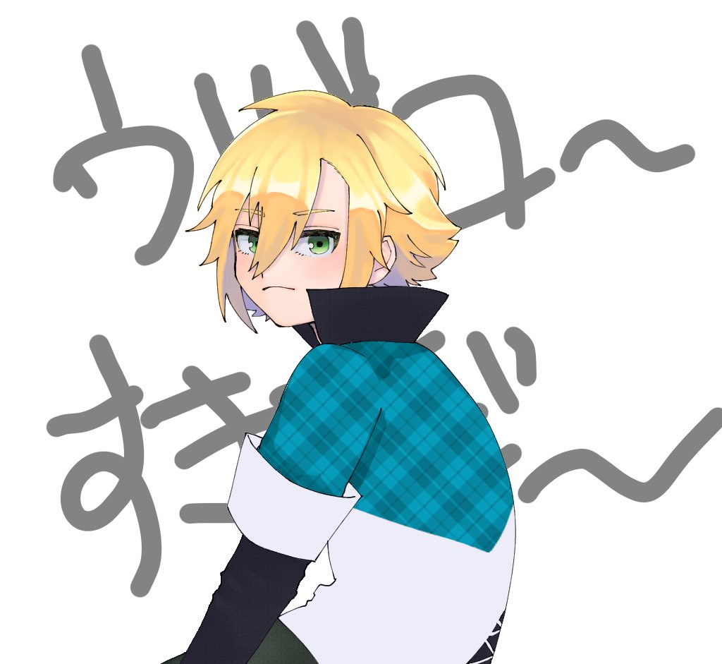 1boy male focus blonde hair solo green eyes looking at viewer white background  illustration images