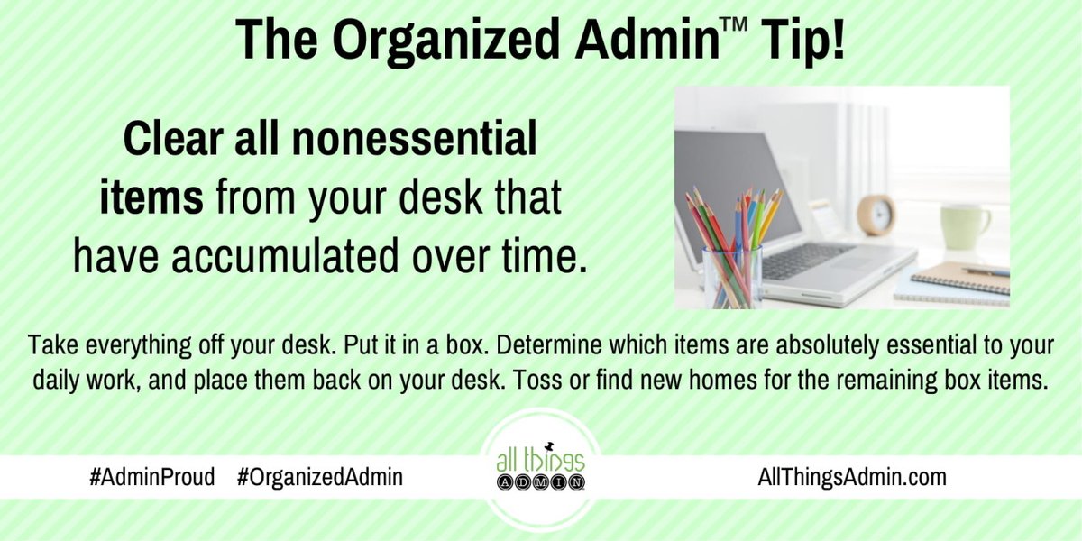 JuliePerrine's tweet photo. A clean, clutter-free desk with only the essential items you need boosts productivity and helps you stay focused! #OrganizedAdmin https://t.co/RXKUcwZgBT