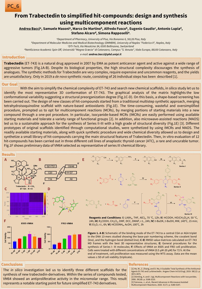 AndreaBacci23's tweet photo. I am Andrea Bacci, PhD student in Medicinal Chemistry at Dep. of Pharmacy, University of Pisa.
It is a pleasure to share my poster at Paul Ehrlich (PE) Euro-PhD Network virtual meeting - #PEVM2021 organized by @Net4Science. 
#medicinalchemistry #trabectedin #synthesis https://t.co/rStogcl01l