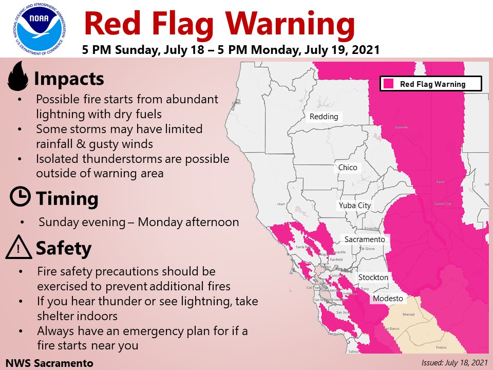 ⚠️Red Flag Warning is in effect for portions of #NorCal tonight - tomorrow. Thunderstorms with abundant lightning &amp; little rainfall could produce new fire starts. Note: isolated thunderstorms are still possible outside the warning area with a limited fire threat. #CAwx #CAfire